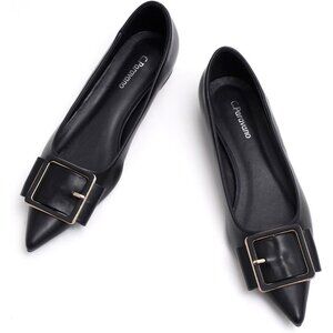 Women's Pointed Toe Ballet Flats Pull-On Black Comfort Office Work Flat Shoes